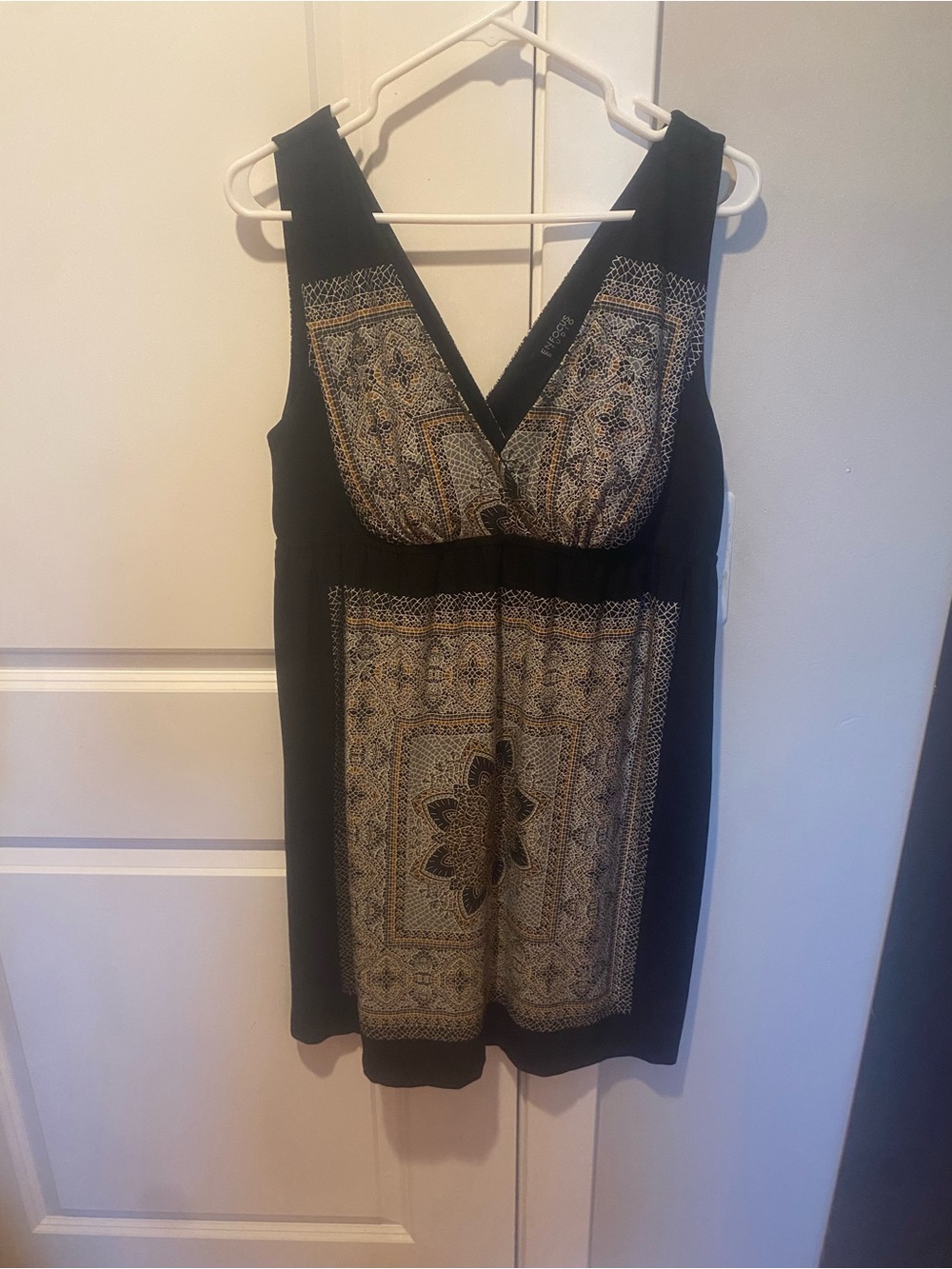 Enfocus Studio Black Dress with Gold and Grey Medallion Print